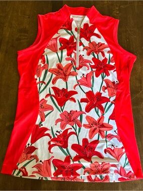TAIL Womens Red Valencia Lilies Gigi Sleeveless Jersey Golf Polo Shirt XS